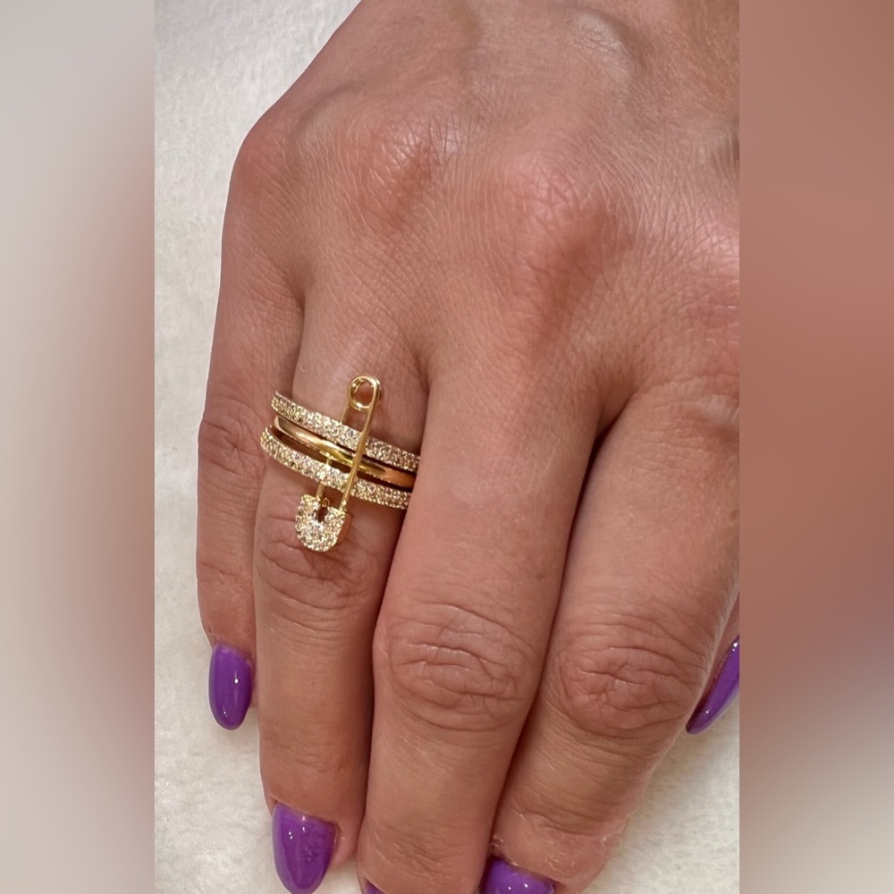Multi-layer gold tone safety pin ring with cubic zirconia - Picture 6 of 9